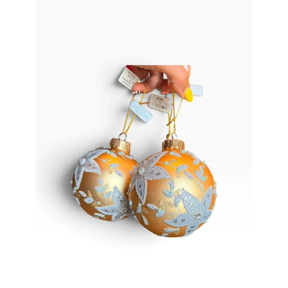 New set of 3 $45 each Bloomingdale's Gold Floral beaded Glass Ball Ornaments